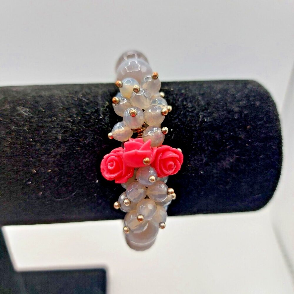 Faceted Gemstone Beads Stretch Bracelet Natural Smoky Agate with Resin Roses